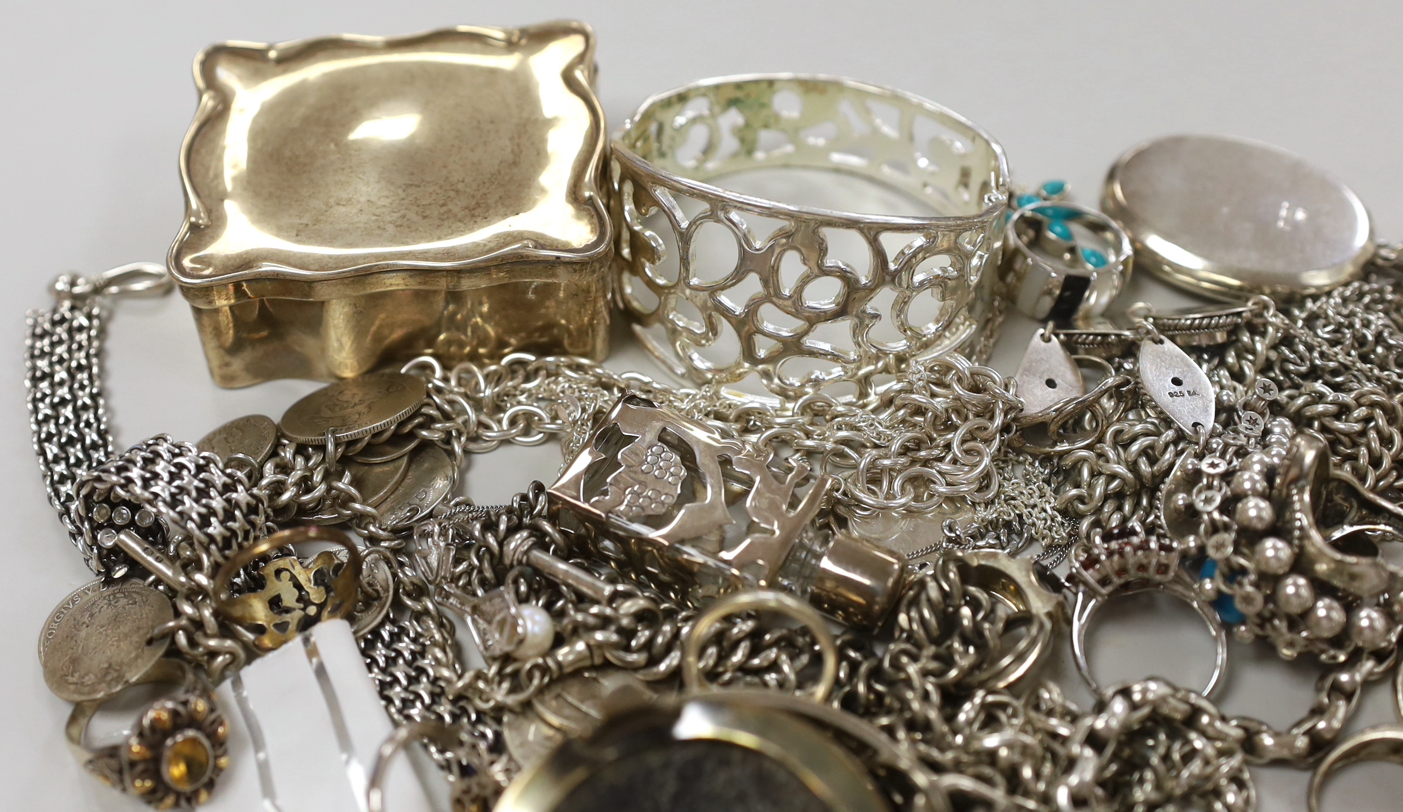 A mixed group of assorted silver and other jewellery, including albert, chains, bracelets, silver mounted ring box, etc.